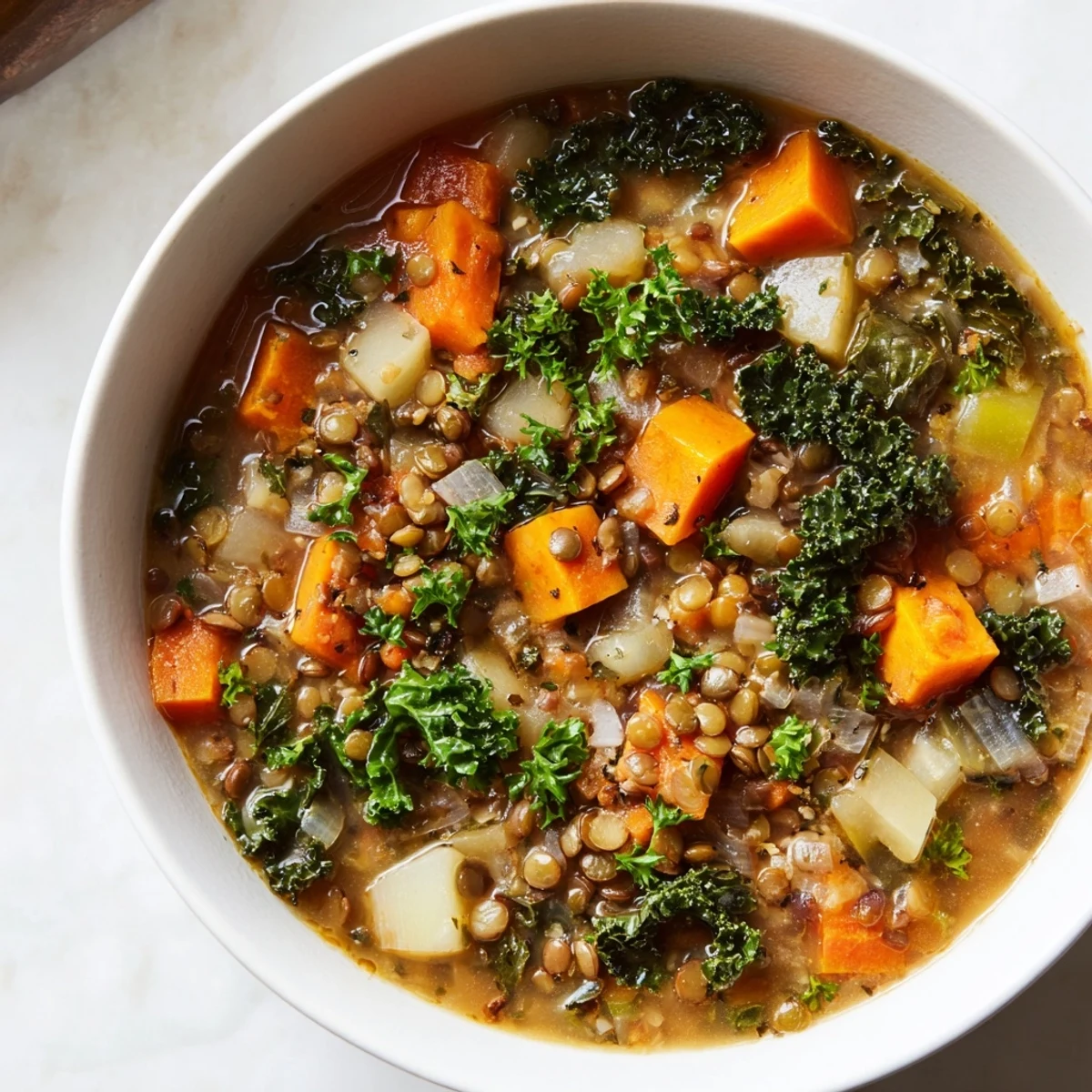 A warm bowl of Winter Vegetable & Lentil Soup, full of colorful vegetables, perfect for a cozy dinner.