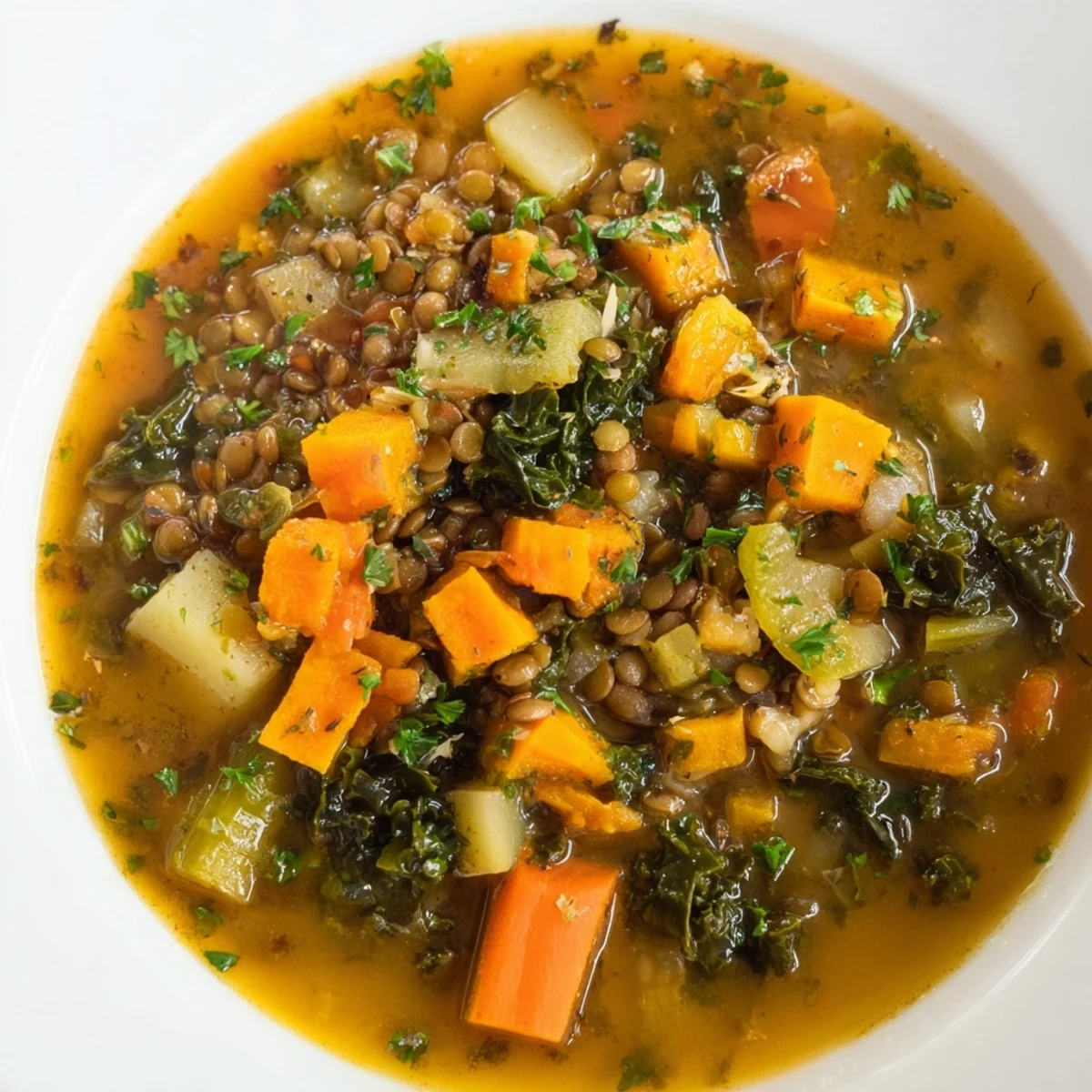 Steaming Winter Vegetable & Lentil Soup, a healthy vegan meal with savory lentils and vibrant winter veggies.