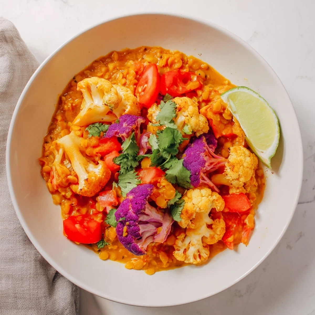 Steaming red cabbage, cauliflower, & coconut dhal; a hearty, vegetarian Indian-inspired meal served in a bowl.