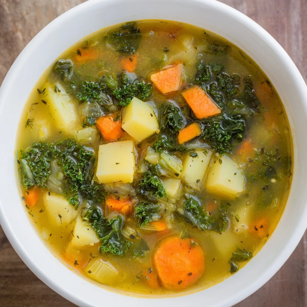 Steaming bowl of Vegetarian Potato-Kale Soup, showcasing vibrant green kale and tender potato chunks.