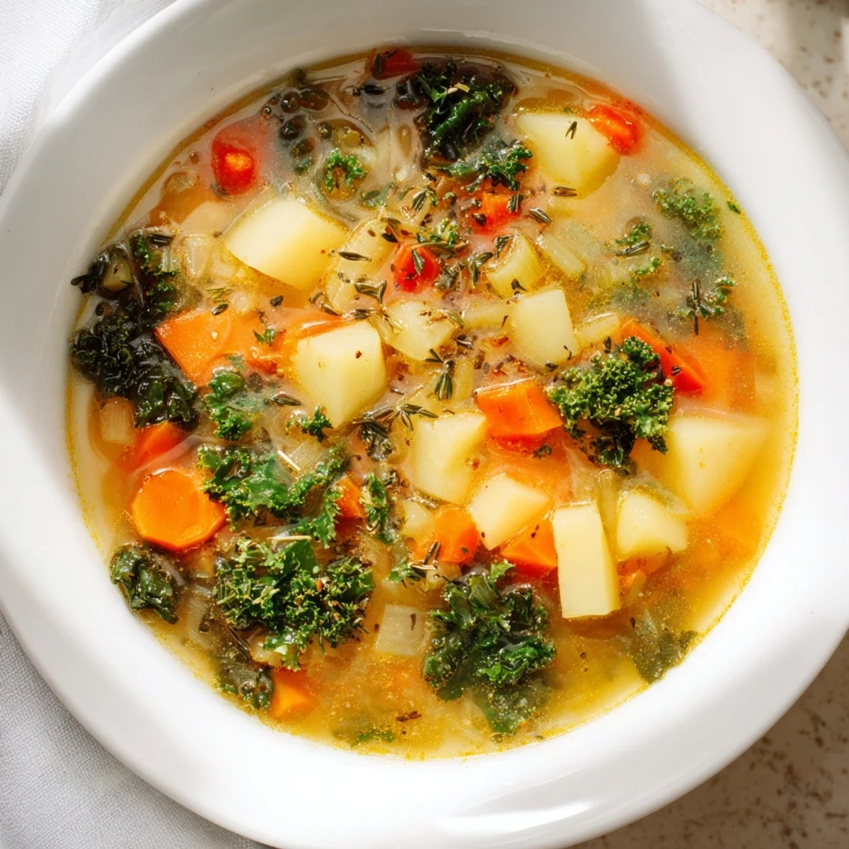 Homemade Vegetarian Potato-Kale Soup simmering in a pot, smelling fragrant for comfort food.