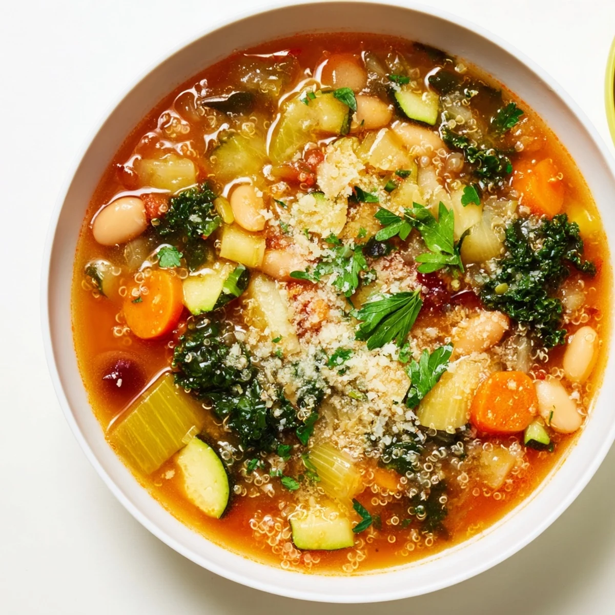 Steaming bowl of Minestrone with Quinoa & Winter Greens garnished with fresh parsley, ready to enjoy.