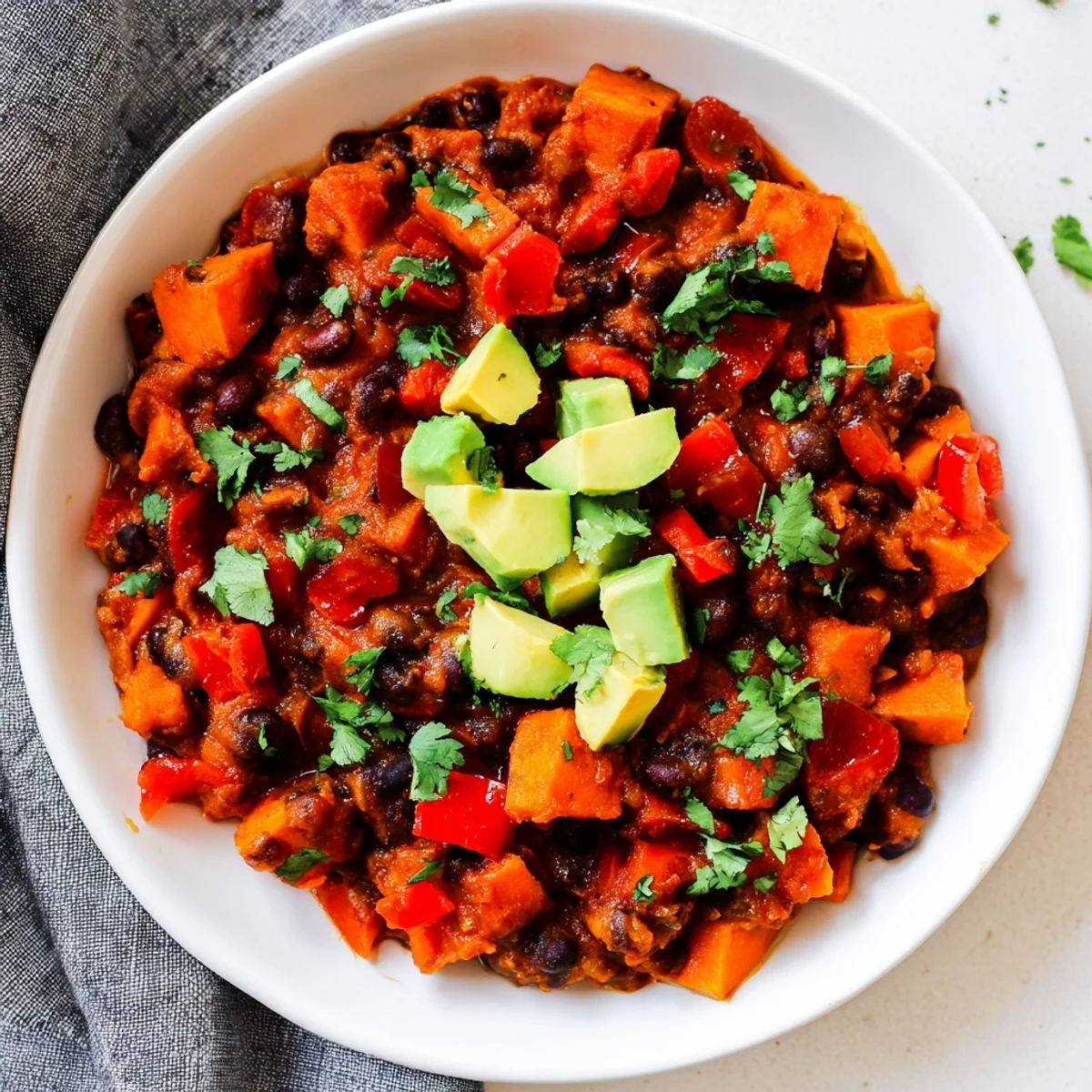 A close-up of a flavorful Sweet Potato & Black Bean Chili recipe, showcasing the hearty ingredients.