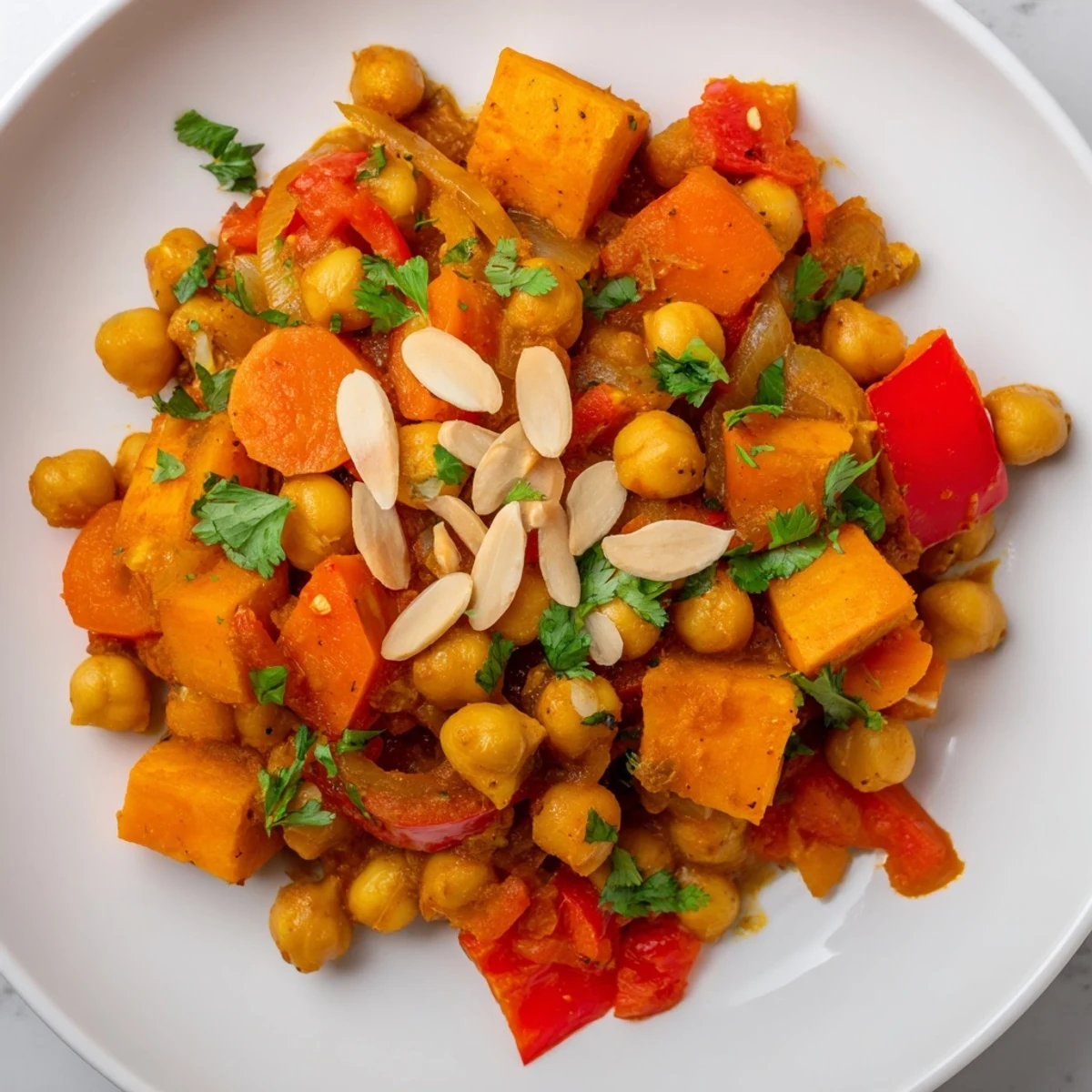 Steaming bowl of Moroccan Chickpea & Sweet Potato Tagine, richly spiced with a vibrant, thick sauce.