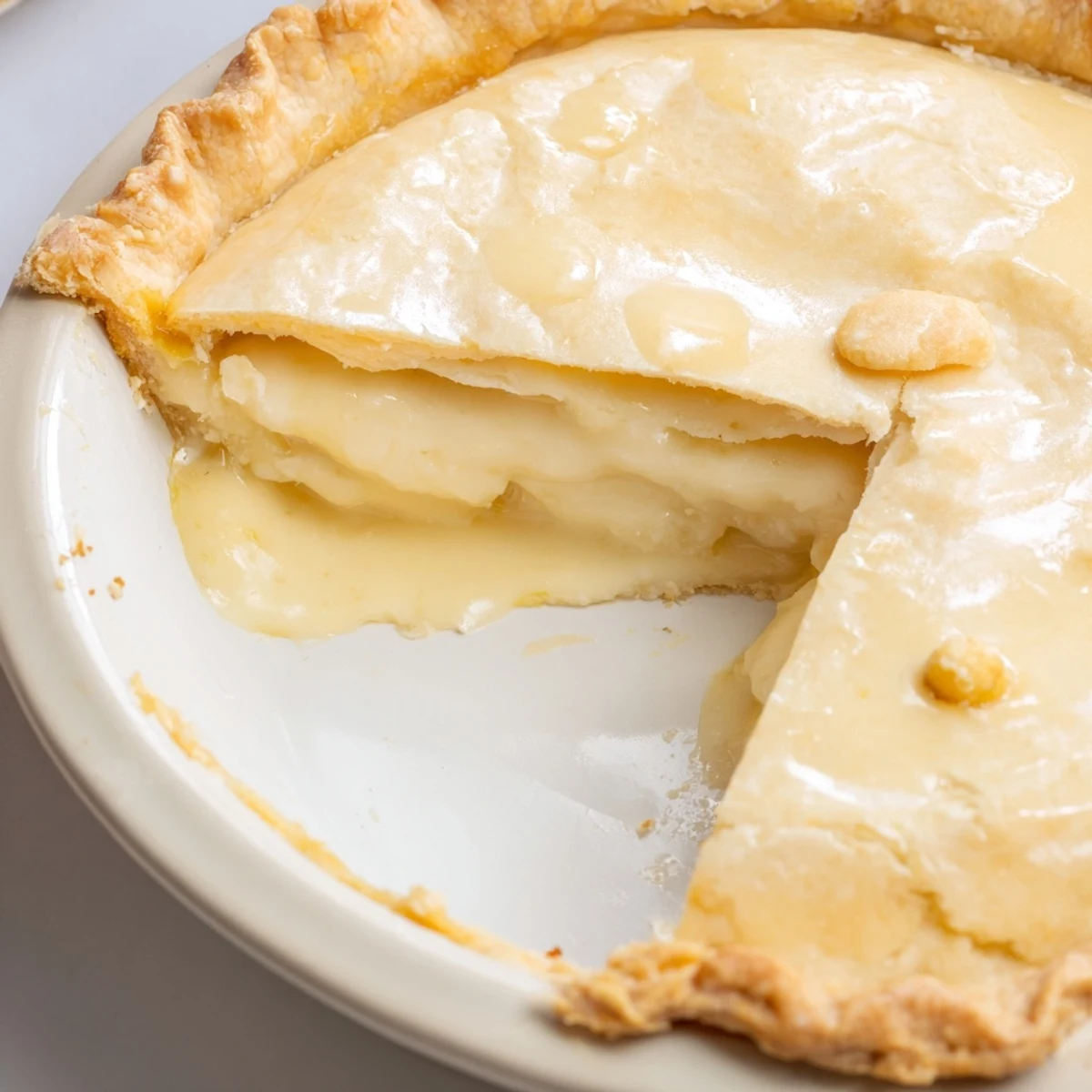 Golden, baked Water Pie, a simple, old-fashioned dessert with a creamy, jiggly custard filling.