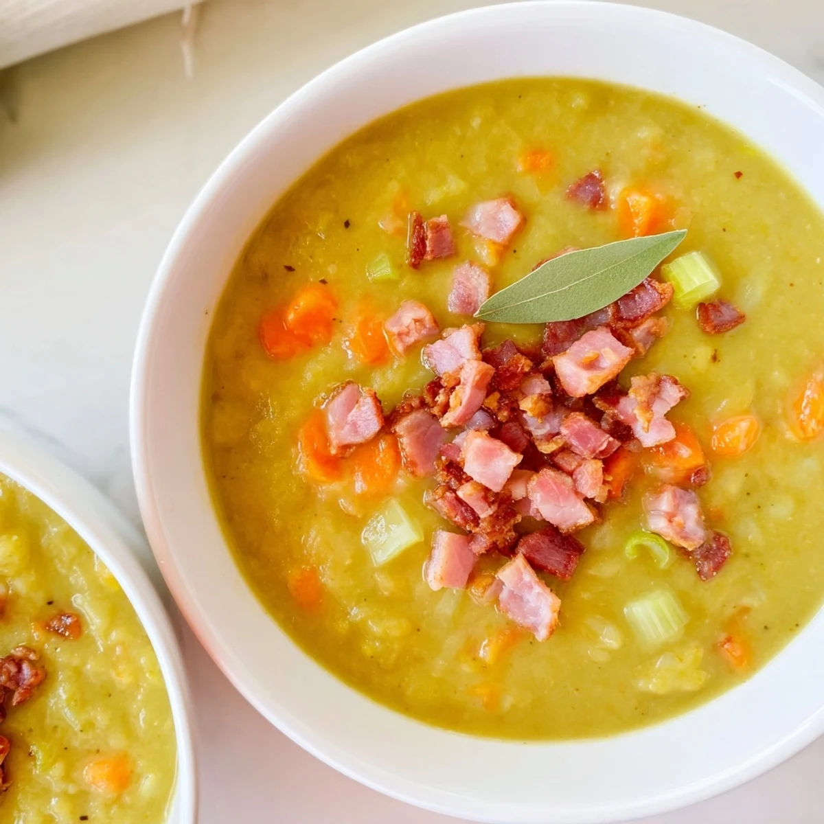 Warm bowl of Split Pea Soup brimming with ham and bacon, ready to serve with crusty bread.