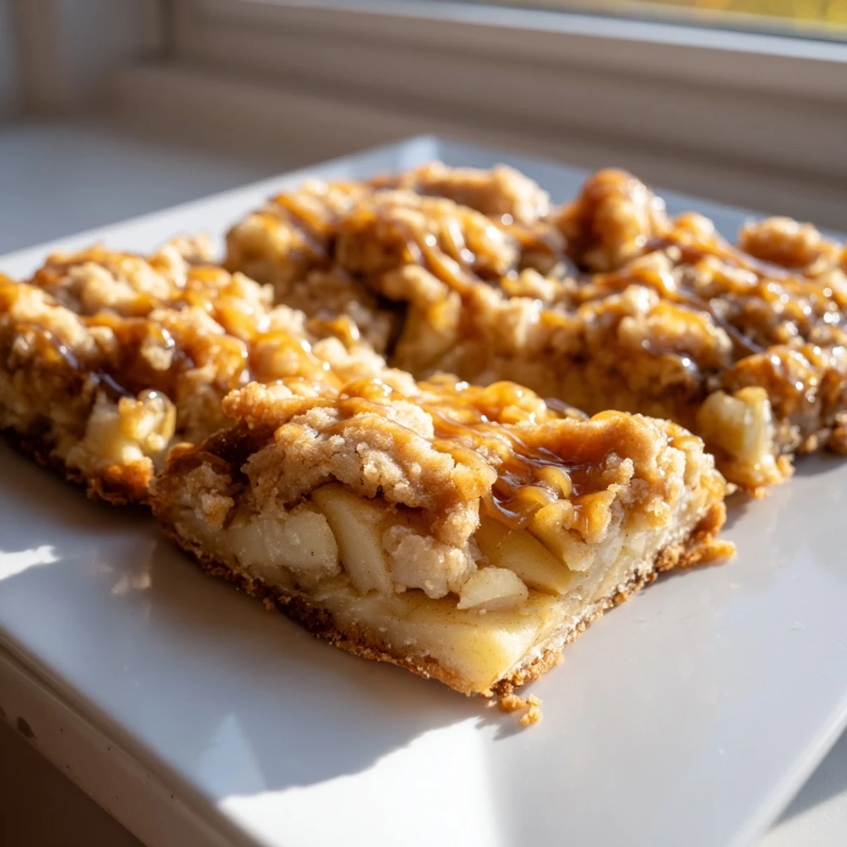 Chewy caramel apple cookie bars: layers of apple, caramel, and baked, buttery cookie base.