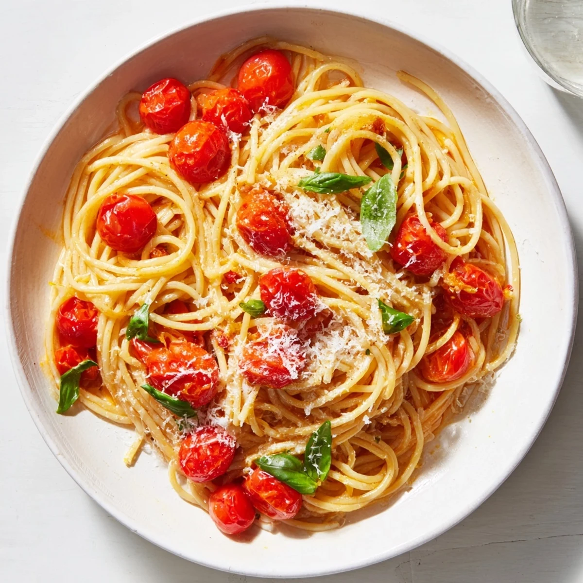 Steaming bowl of Lazy-Girl Pasta, glistening with Parmesan, tomatoes, and fresh basil, ready to enjoy.