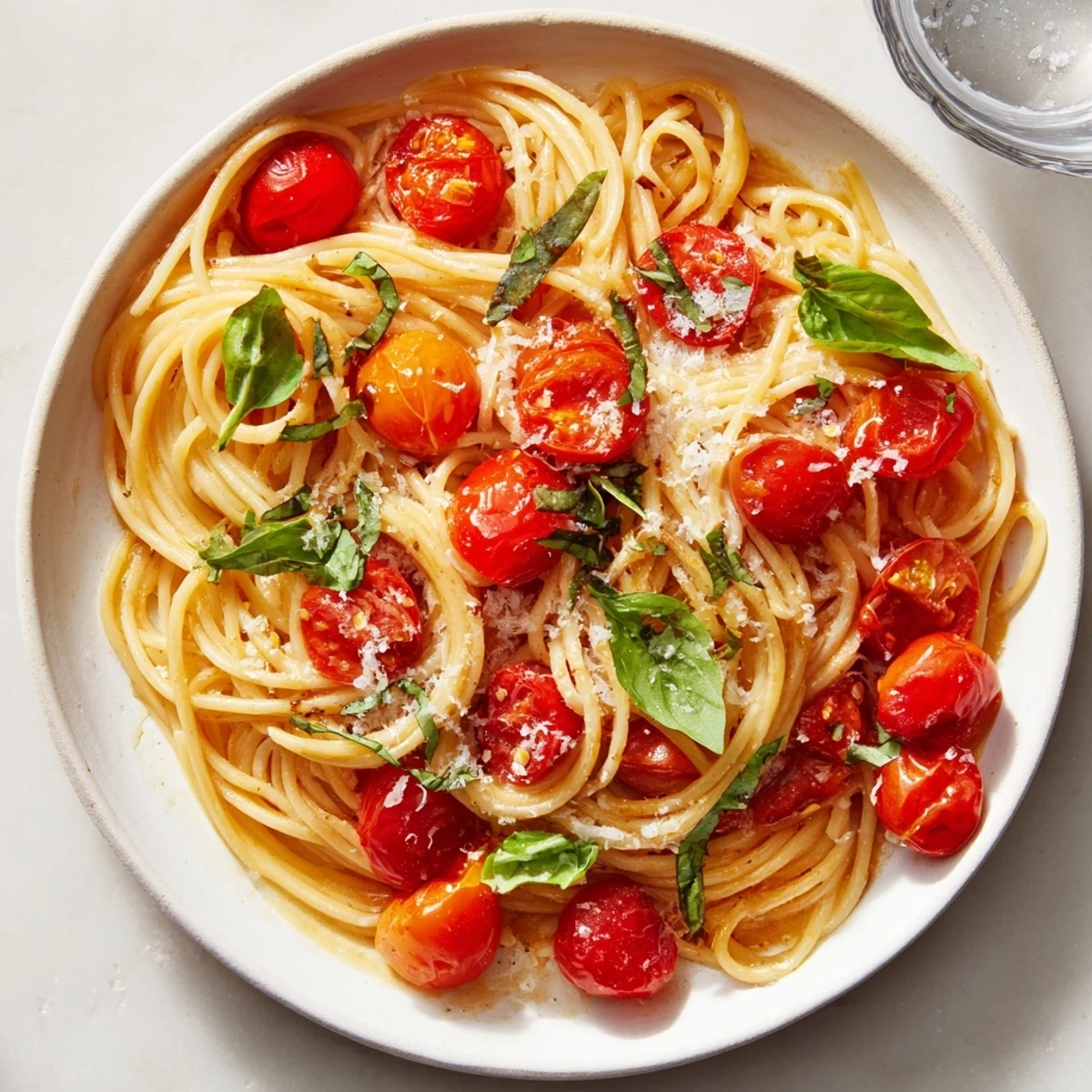 Close-up of freshly cooked Lazy-Girl Pasta, bursting with flavor from juicy cherry tomatoes and garlic.