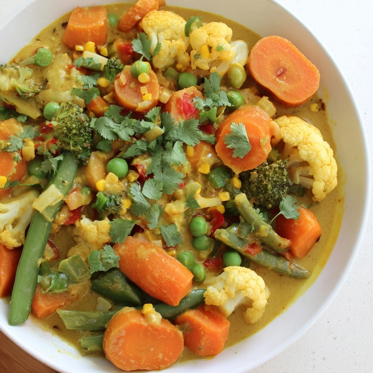 Fresh cilantro garnishes a colorful bowl of veggie coconut curry; perfect with warm rice or naan.