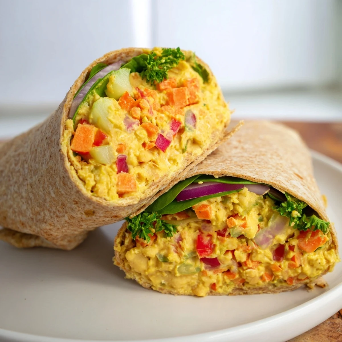 Close-up of a perfectly rolled chickpea salad wrap, filled with colorful ingredients for a healthy lunch.