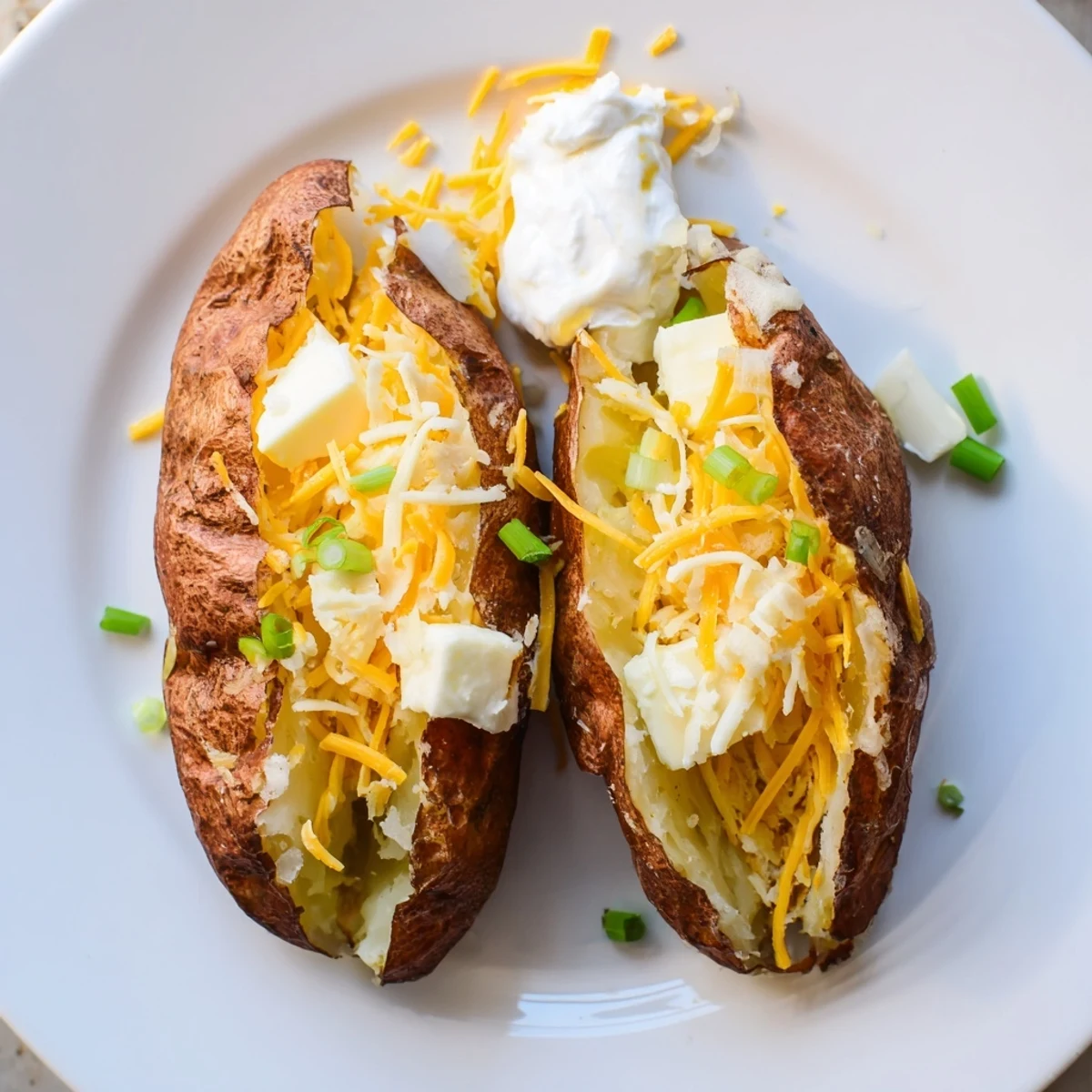 Golden-brown baked potatoes at a bar, ready for customizable toppings like salsa and sour cream.