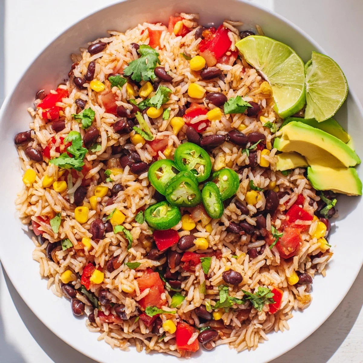 A close-up of a bubbling skillet shows fragrant One-Pot Mexican Rice & Beans ready to eat.