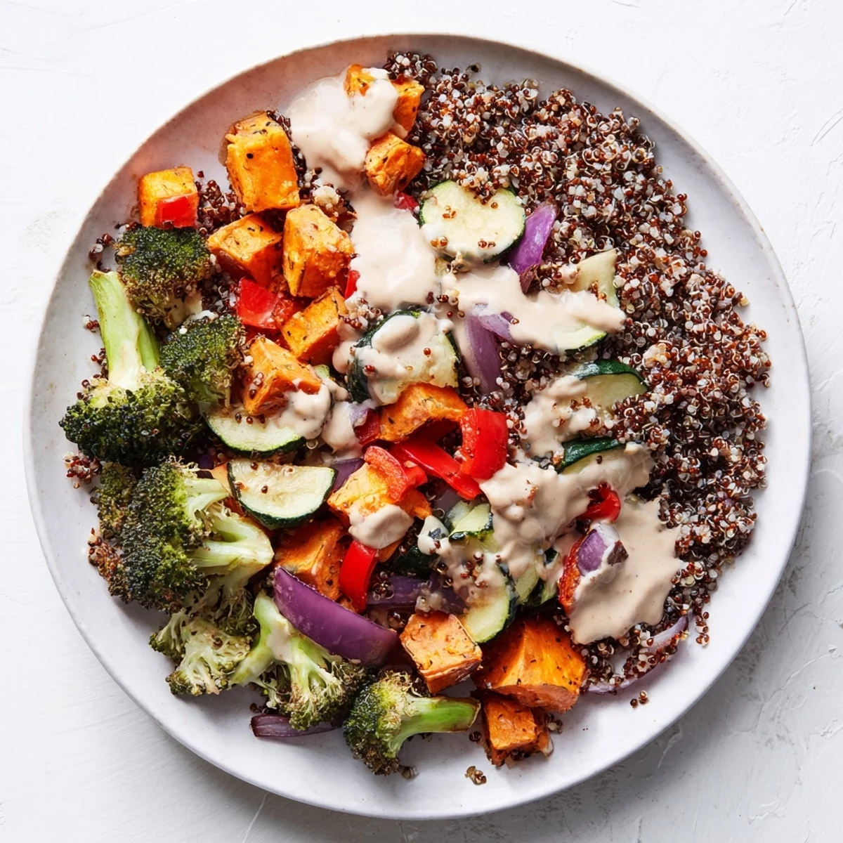 This delicious quinoa bowl with roasted seasonal veggies is brimming with vibrant, healthy ingredients and flavors.