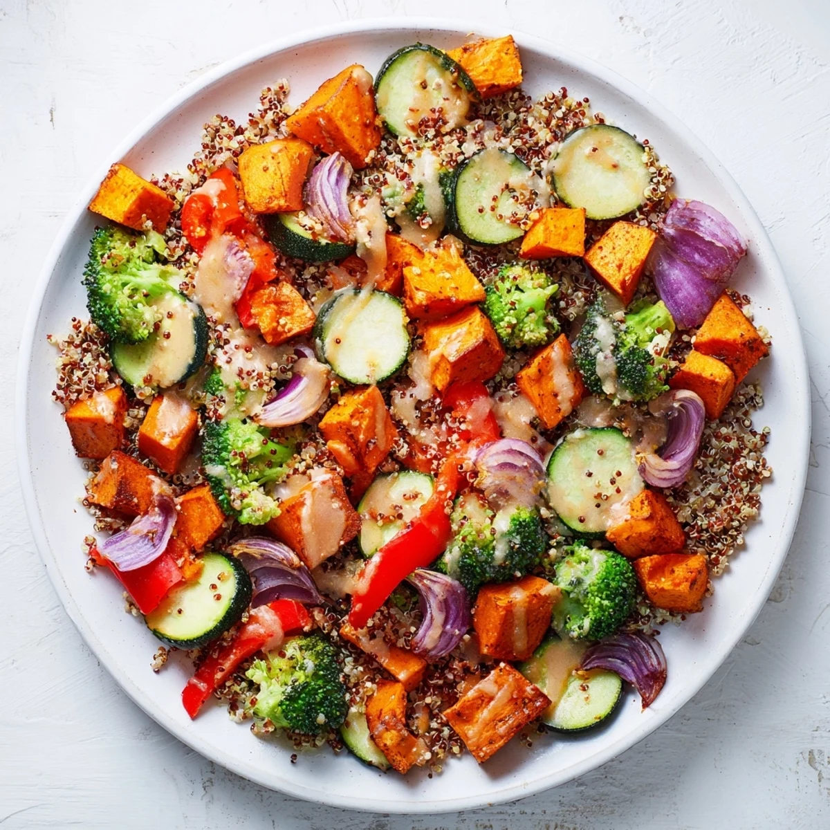 Enjoy the healthy, vegan quinoa bowl with roasted vegetables, finished with fresh parsley and seeds.