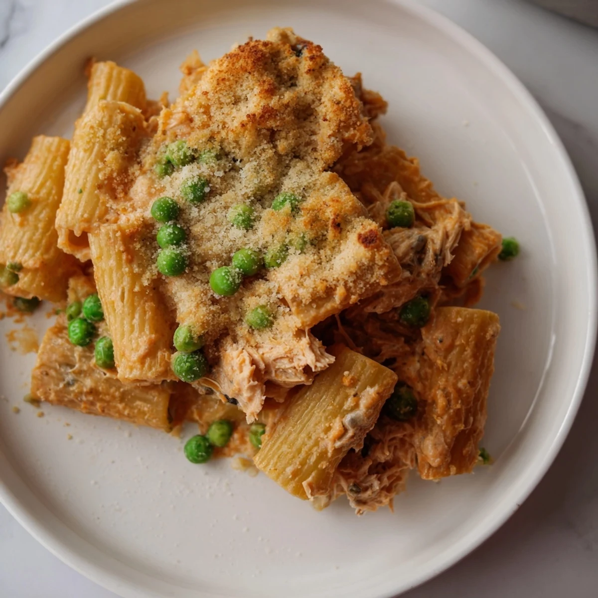 Easy-to-make, satisfying tuna pasta bake, baked to perfection with a crispy breadcrumb topping.