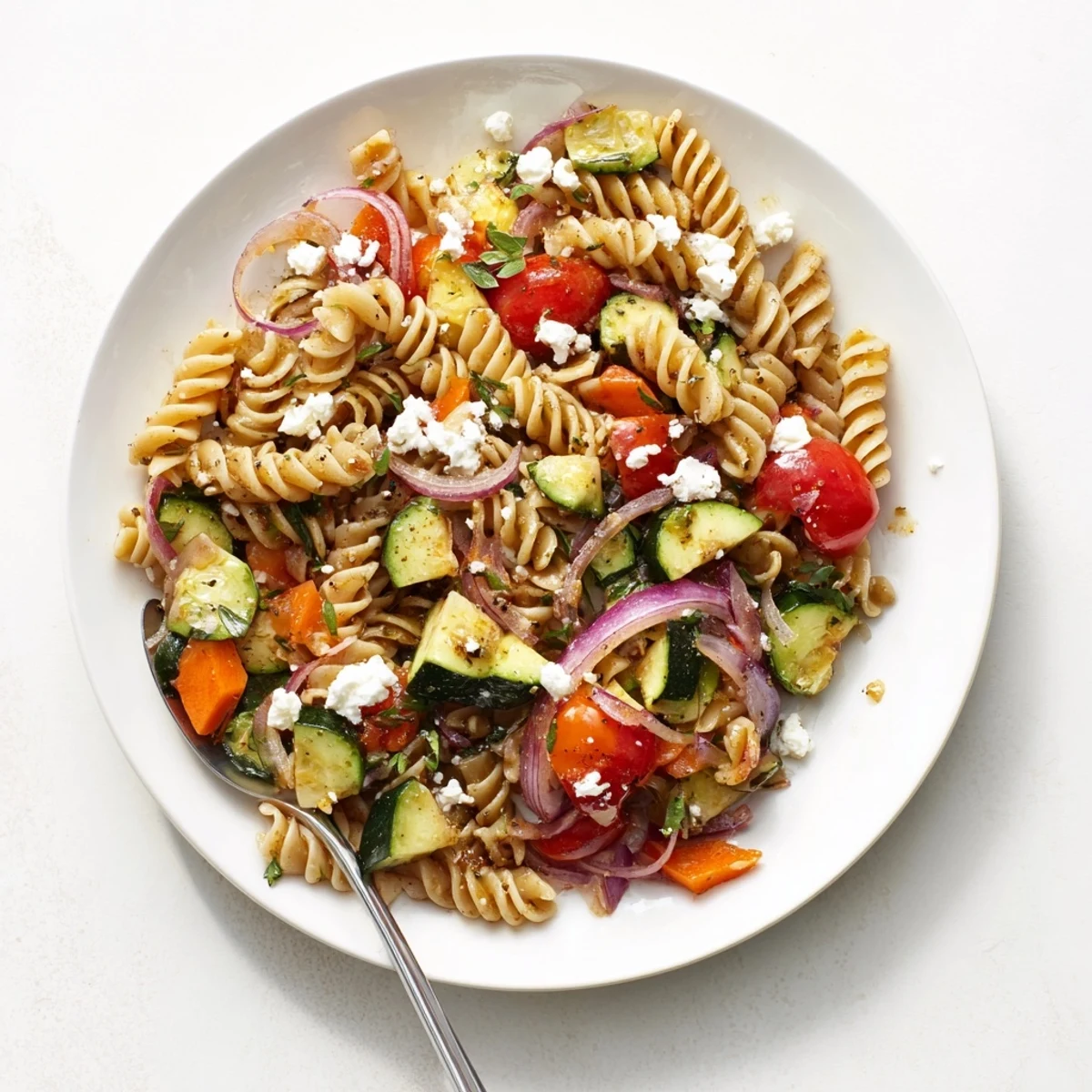 A close-up of the flavorful pasta salad with fresh tomatoes and herbs, perfect for picnics.
