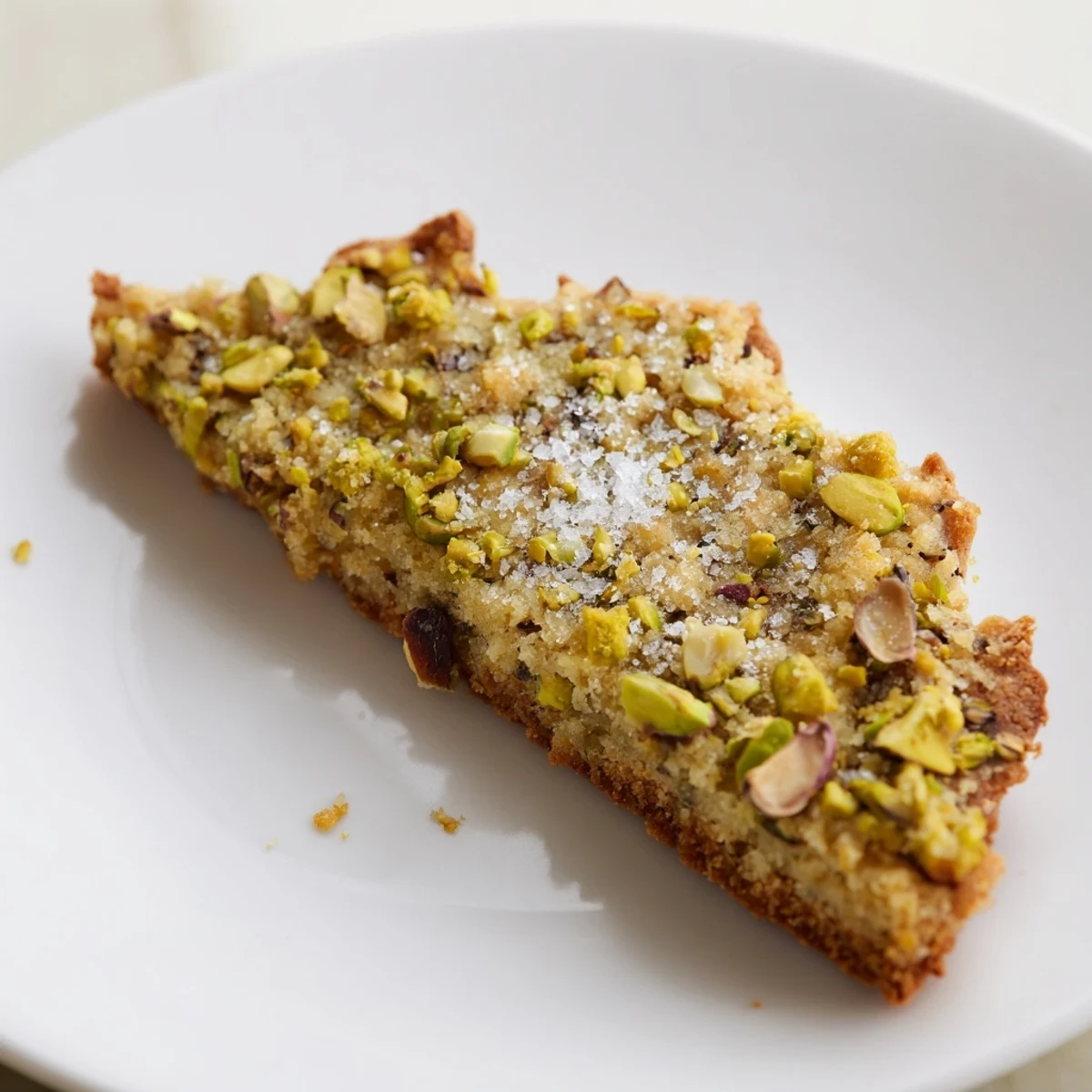 Close-up of a stack of Salted Pistachio Slice & Bake Shortbread, tempting you for an afternoon treat.