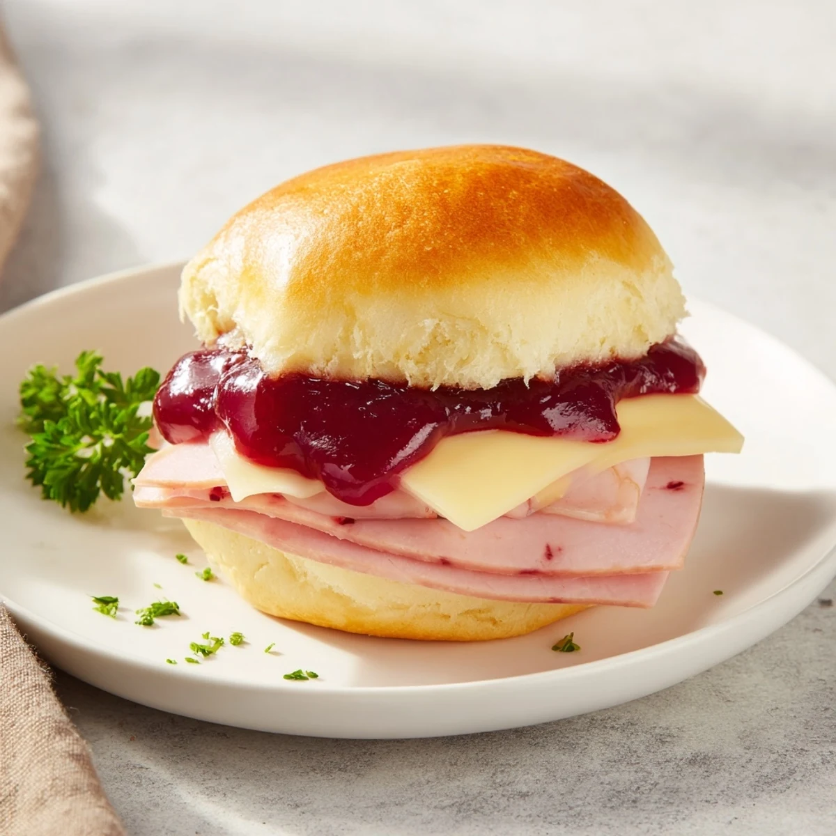 Warm Cherry-Glazed Ham and Cheese Sliders ready to eat, boasting melty cheese and a sweet glaze.