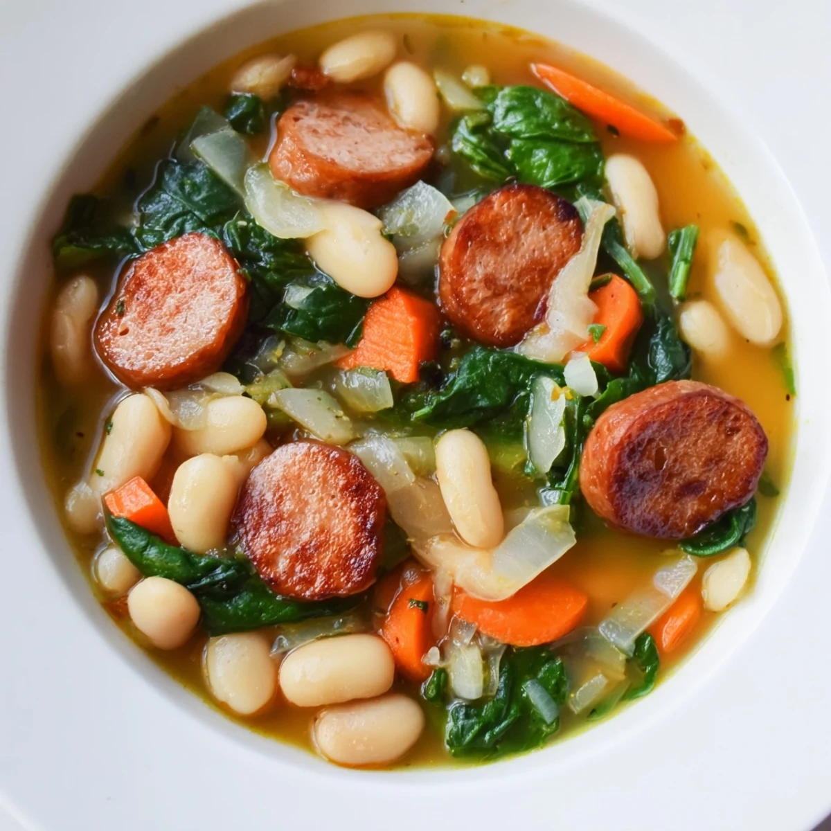 Hearty Simple Sausage and White Bean Soup: a creamy, delicious and gluten-free weeknight meal idea.