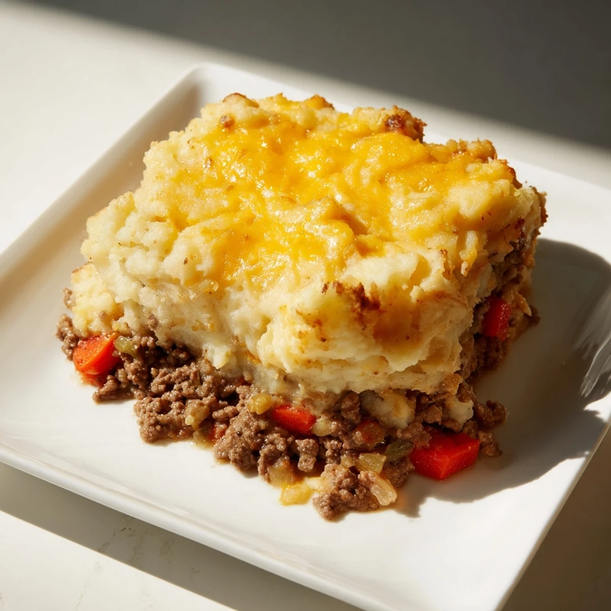 Savory ground beef and vegetables baked beneath creamy cheese topping: a delicious Budget Shepherds Pie.