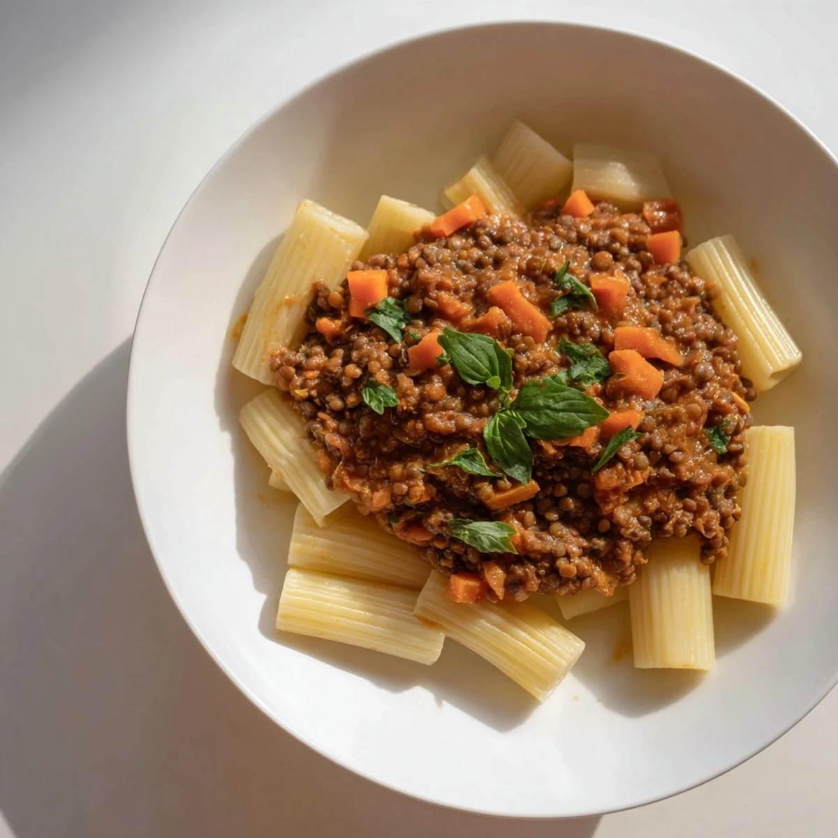 A steaming bowl of Creamy Tomato Basil Lentil Bolognese, rich with vegetables and lentils.