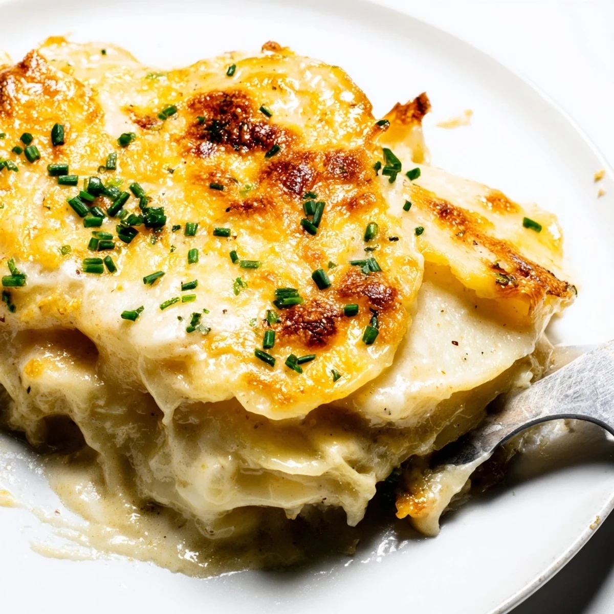 Golden-brown Cheesy Scalloped Potatoes bubbling from a hot oven, perfect comfort food.