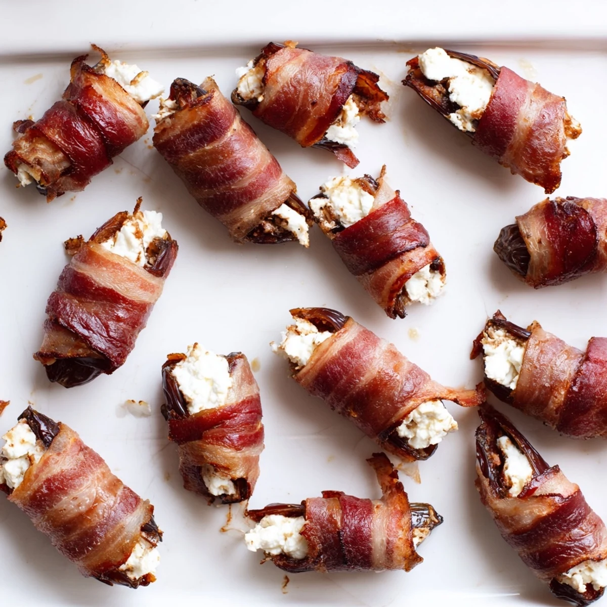 Crispy bacon-wrapped dates stuffed with creamy goat cheese, an irresistible appetizer ready to enjoy.