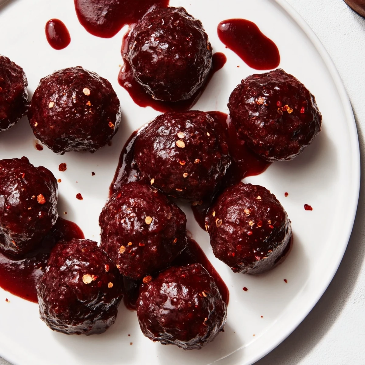 Tender cherry-glazed meatballs glistening with a sweet, savory sauce, ready for a party.