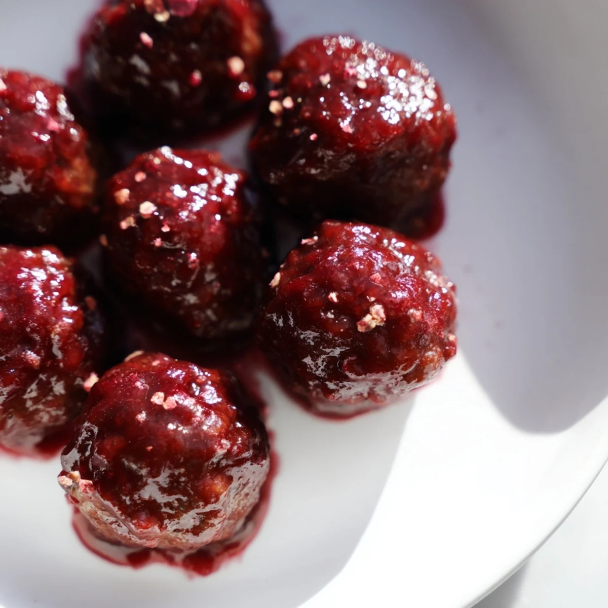 Homemade cherry-glazed meatballs: bite-sized comfort food, coated in rich cherry glaze for a snack.