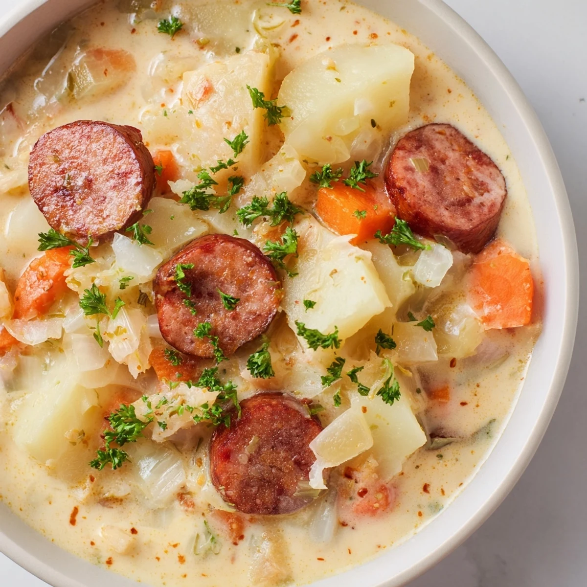 Close-up of a rustic bowl filled with creamy, spicy Creamy Chorizo Potato Soup, a comforting dish.