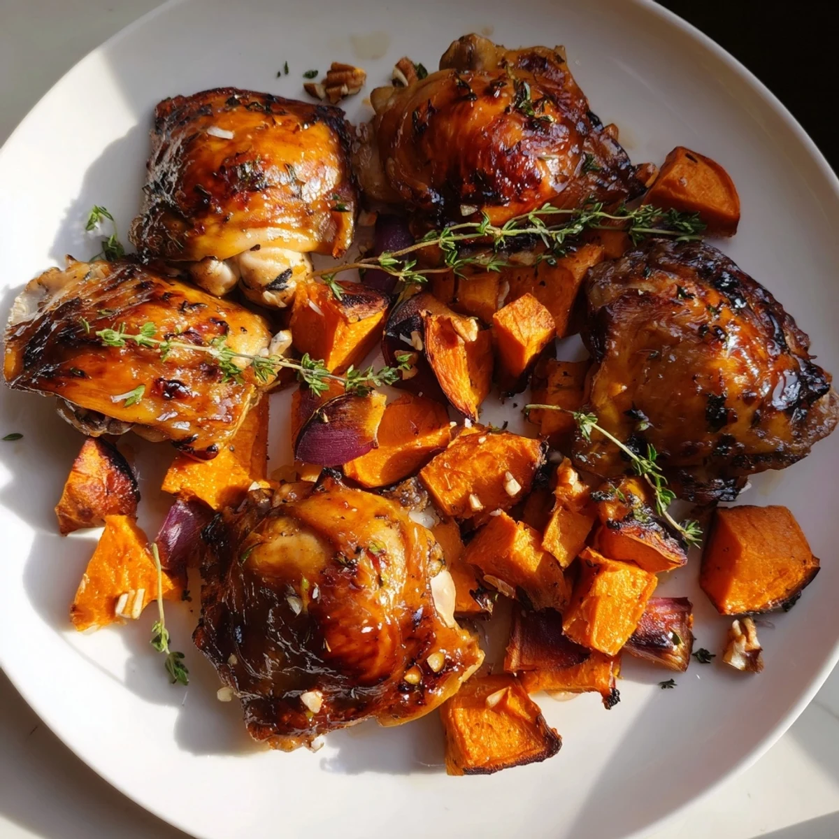 Golden, glistening maple glazed chicken alongside tender, caramelized sweet potatoes for a delicious fall meal.