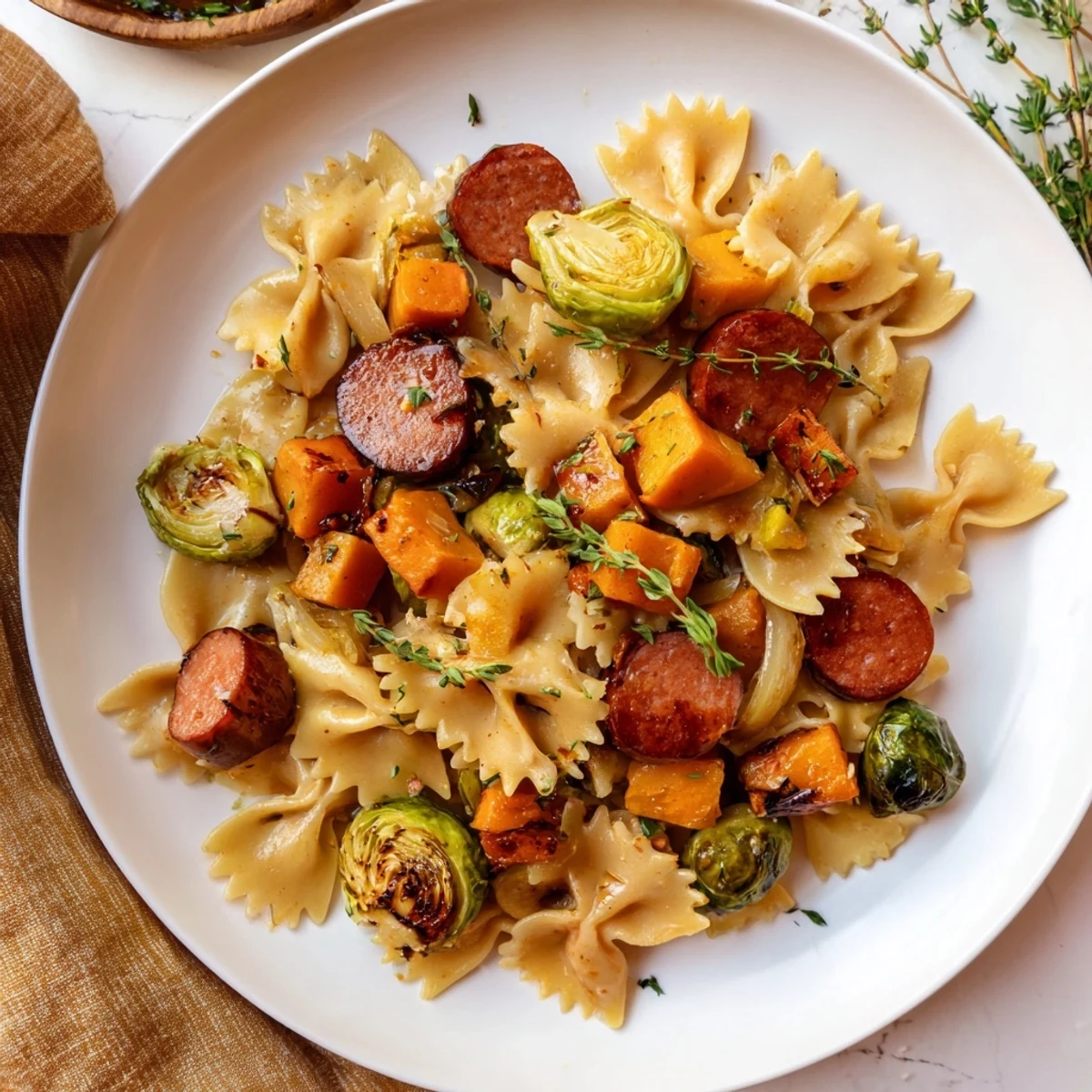 Golden, roasted butternut squash and sausage mingle in this flavorful Autumn Sausage Pasta.