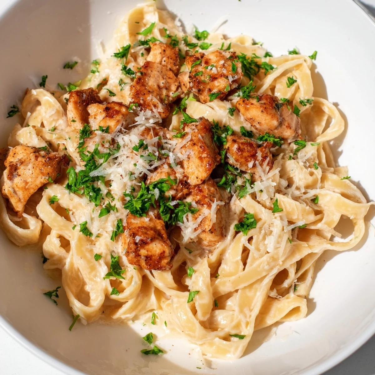 A close-up of Cowboy Butter Chicken Pasta: rich sauce coating pasta with herbs and Parmesan.