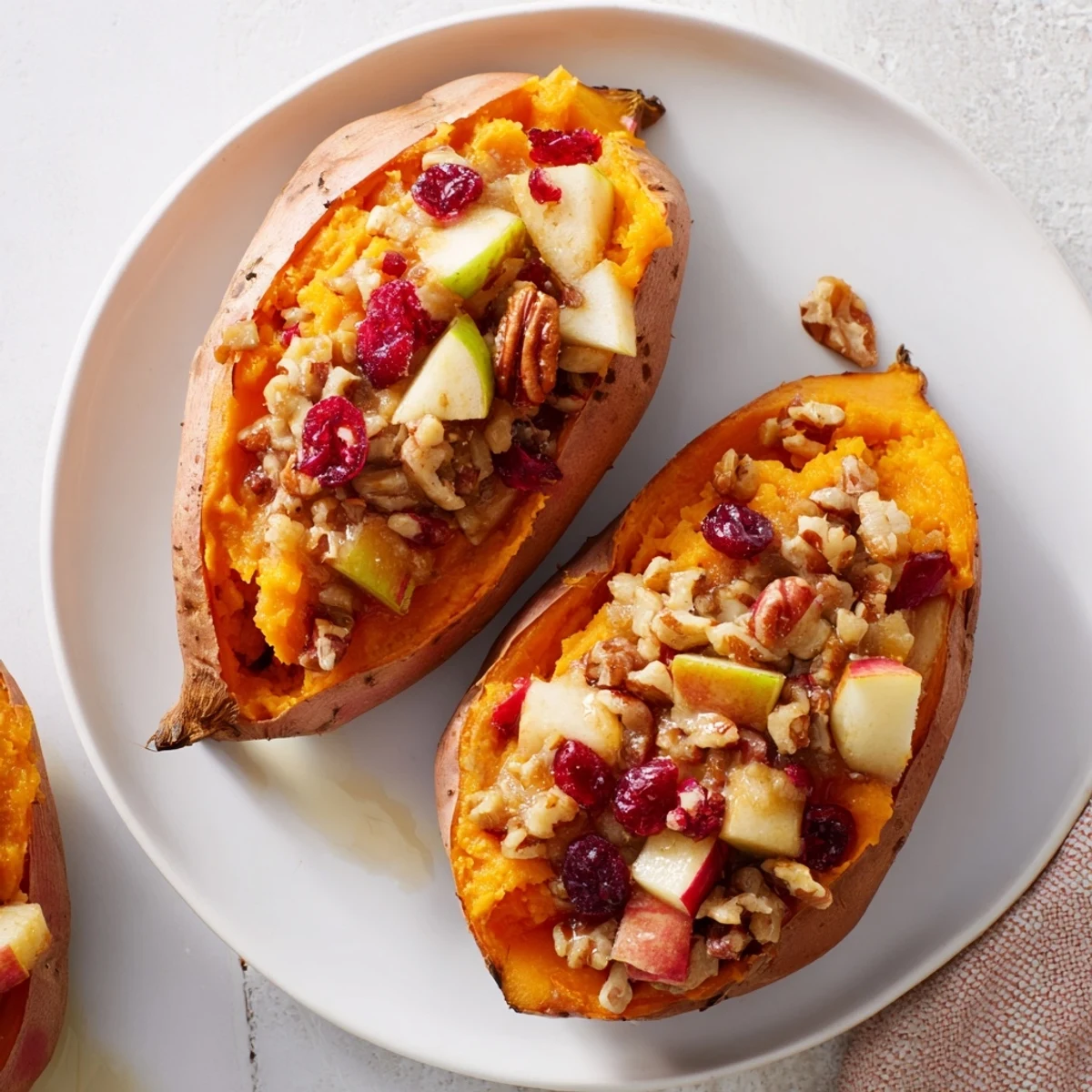 Golden, twice-baked Cranberry Apple Sweet Potatoes, bubbling with spiced fruit, ready to serve!