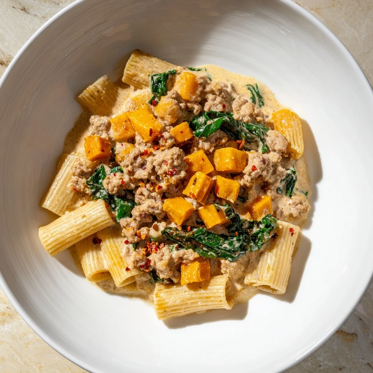 Creamy Rigatoni with Butternut Squash, a warm dish with sausage and Parmesan beautifully plated.