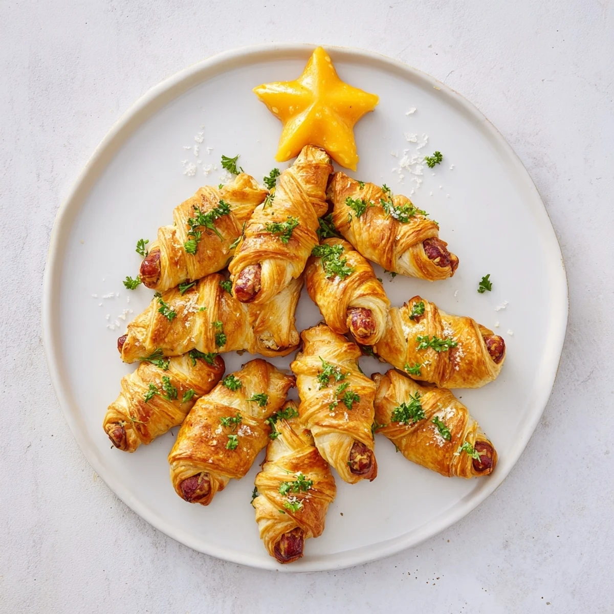 Golden, flaky Express Pigs in Blanket Christmas Tree arranged as savory holiday appetizer, served warm.