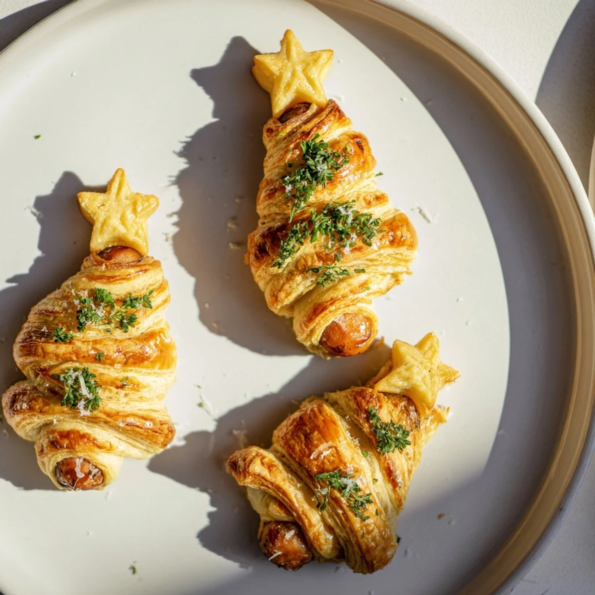 Crispy, oven-baked Express Pigs in Blanket Christmas Tree with a star topper, ready for the Christmas party.