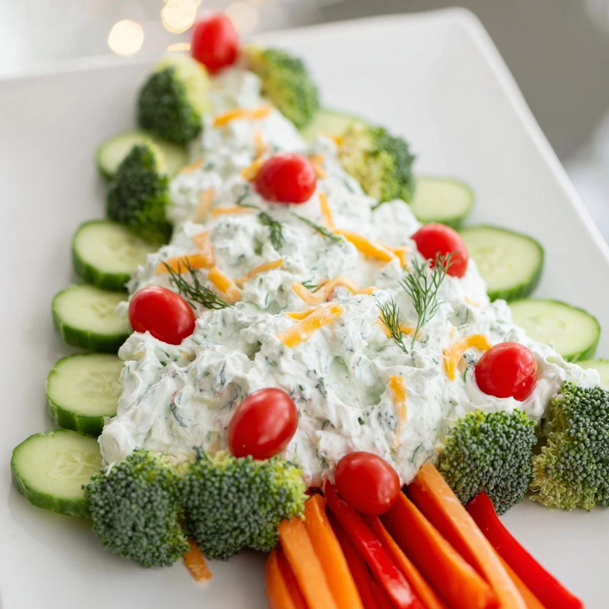 Vibrant Christmas Tree Dip Platter ready to enjoy; creamy dip surrounded by fresh veggies and crackers.