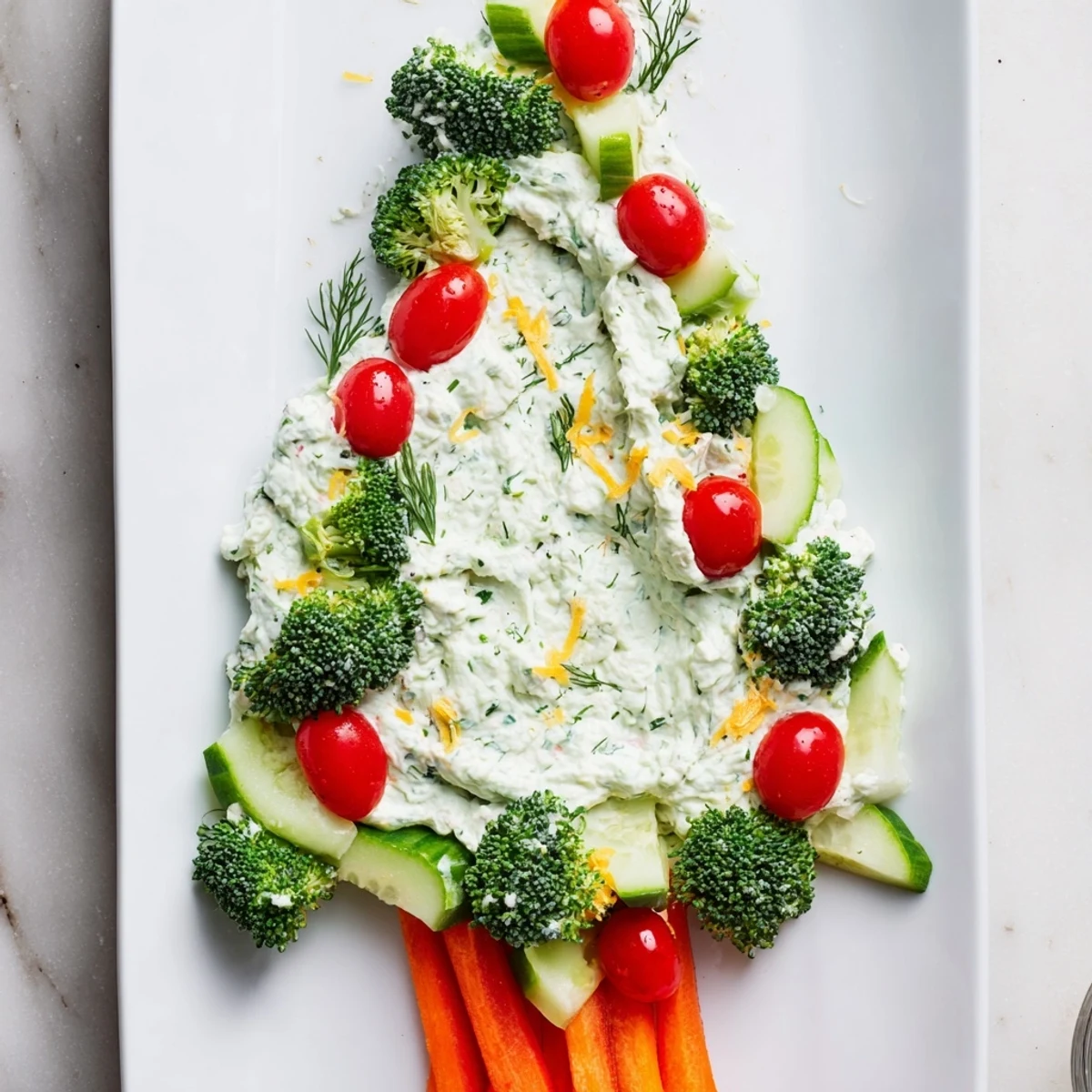 Perfectly arranged Simplified Christmas Tree Dip with a delicious creamy base, ready for dipping on your platter.