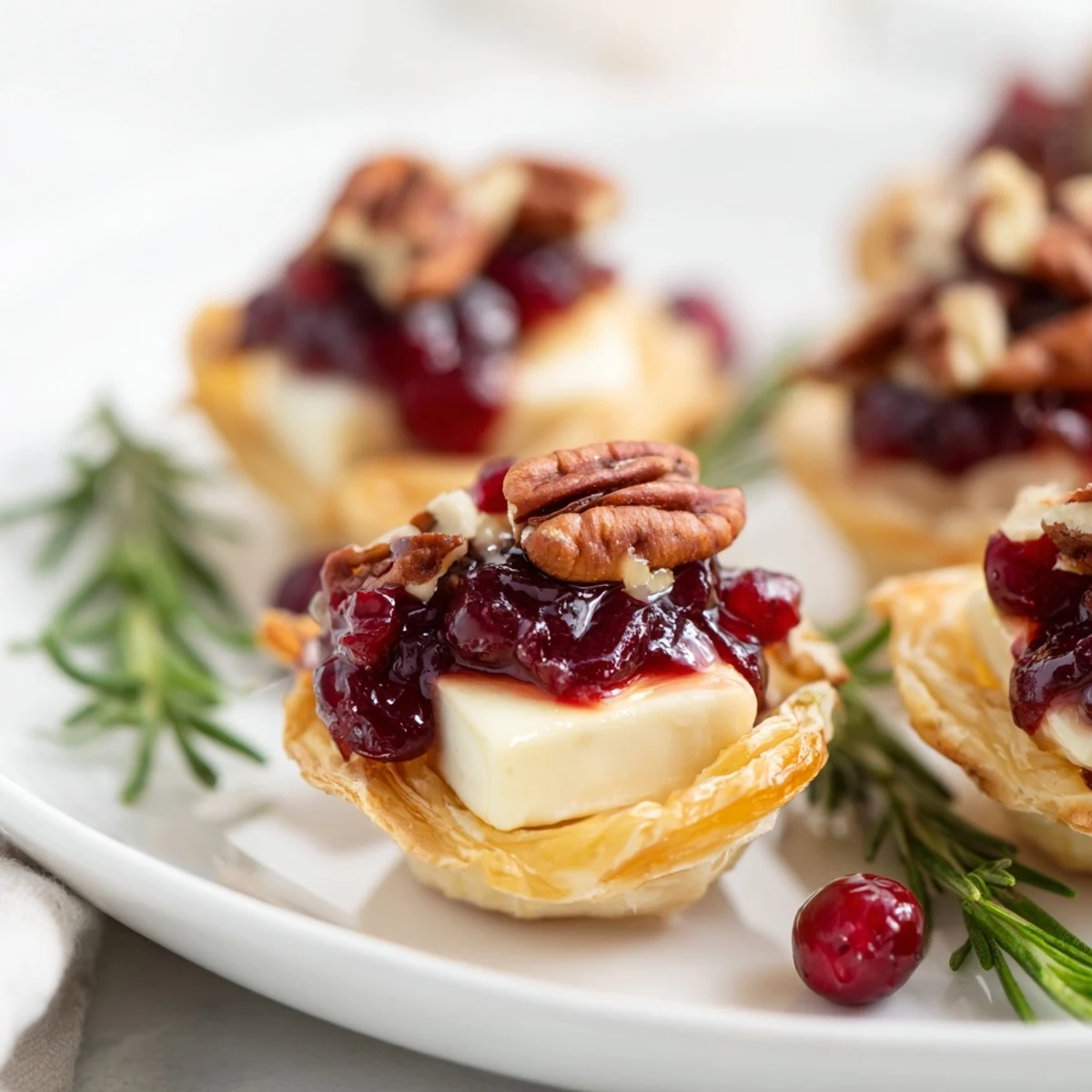 Golden-brown Express Cranberry Sauce Brie Bites offer a delicious visual feast with melted cheese and vibrant cranberry.