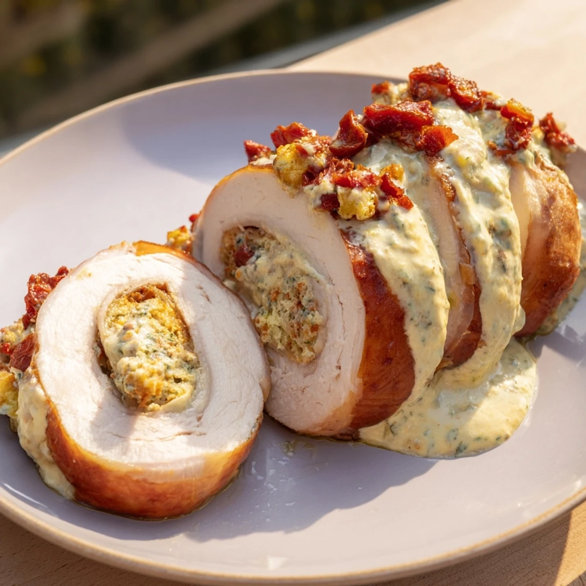Golden baked Marry Me Chicken and Stuffing Roulades, coated in a creamy sauce, perfect for a romantic dinner.