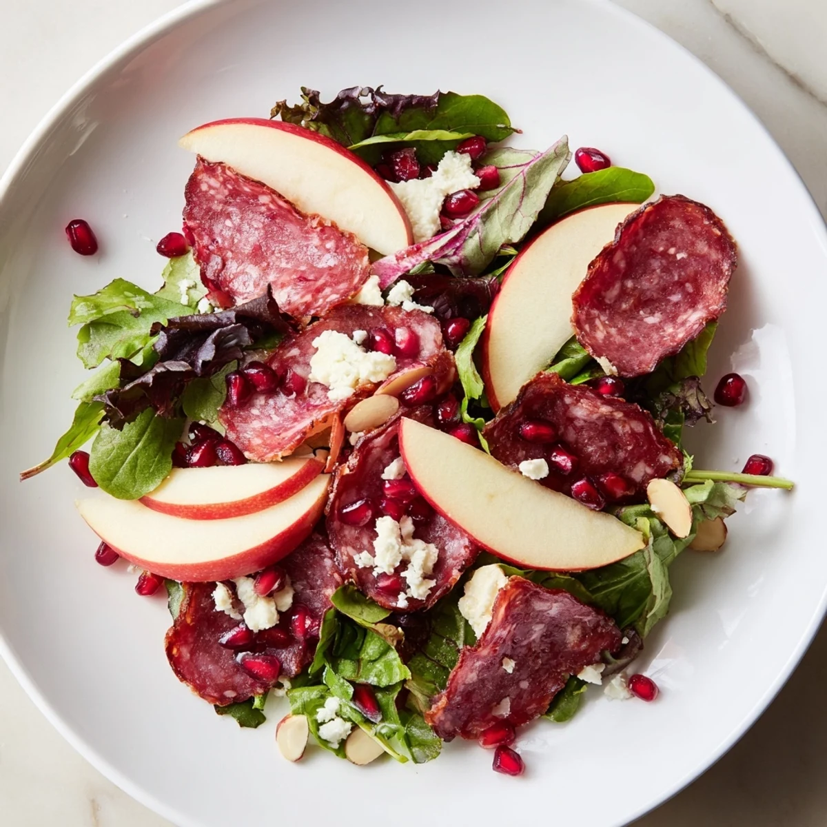 Vibrant Hot Girl Christmas Salad, featuring red apple slices, hard salami, and creamy feta, ready to serve.