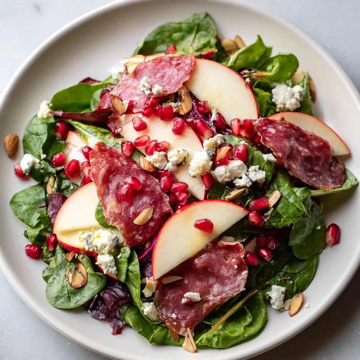 A close-up of a colorful Hot Girl Christmas Salad, showcasing pomegranate seeds, salami, and a tangy dressing.