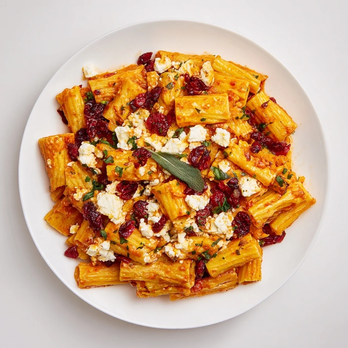 A close up shows the delicious Cranberry-Sage Feta Pasta Bake, garnished with fresh parsley and baked to perfection.