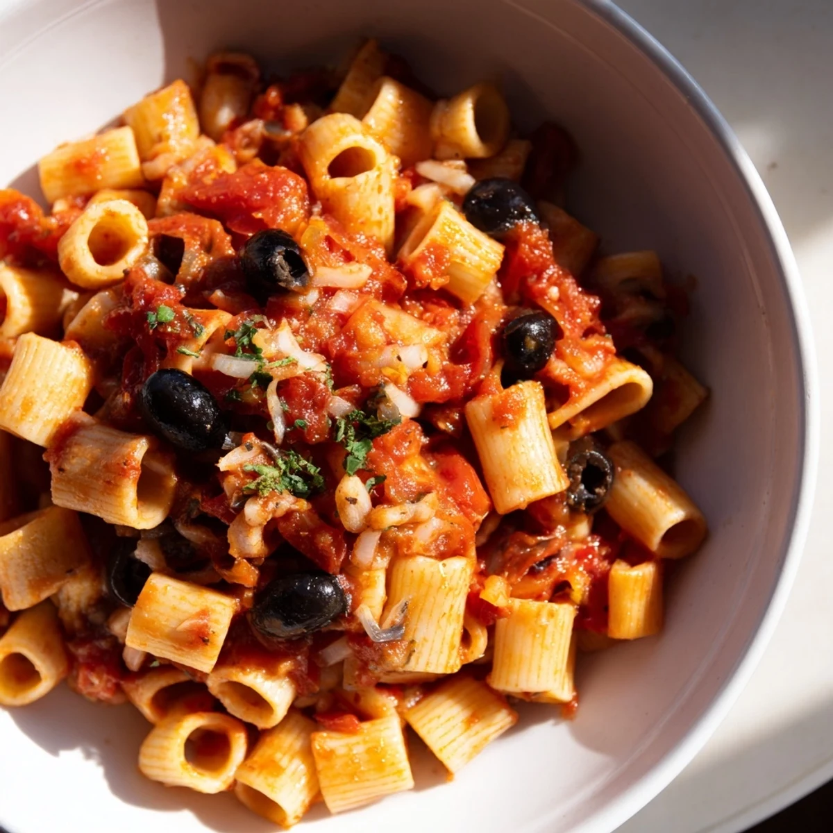 A steaming bowl of puttanesca ditalini pasta, glistening with savory tomato sauce and fresh parsley.