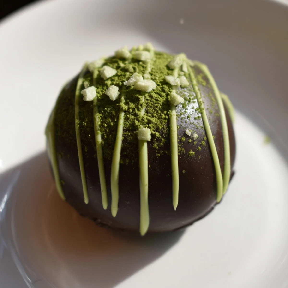 Vibrant green Matcha Dark Chocolate Peppermint Truffles, a sophisticated dessert with peppermint drizzle.