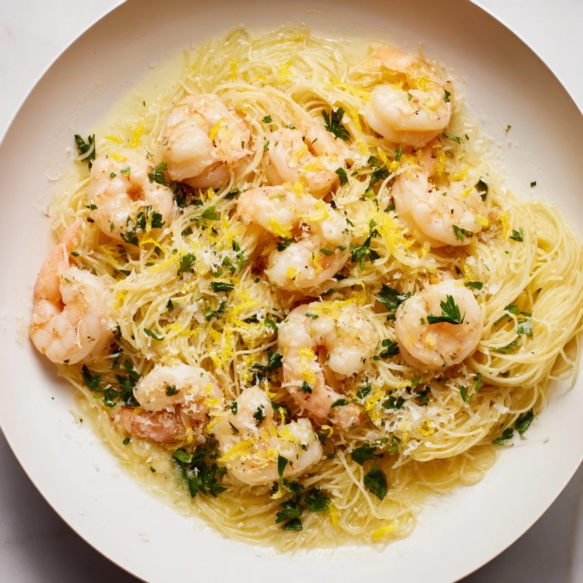 One-Skillet Lemon Garlic Shrimp Angel Hair Pasta with perfectly cooked pink shrimp and bright lemon zest.