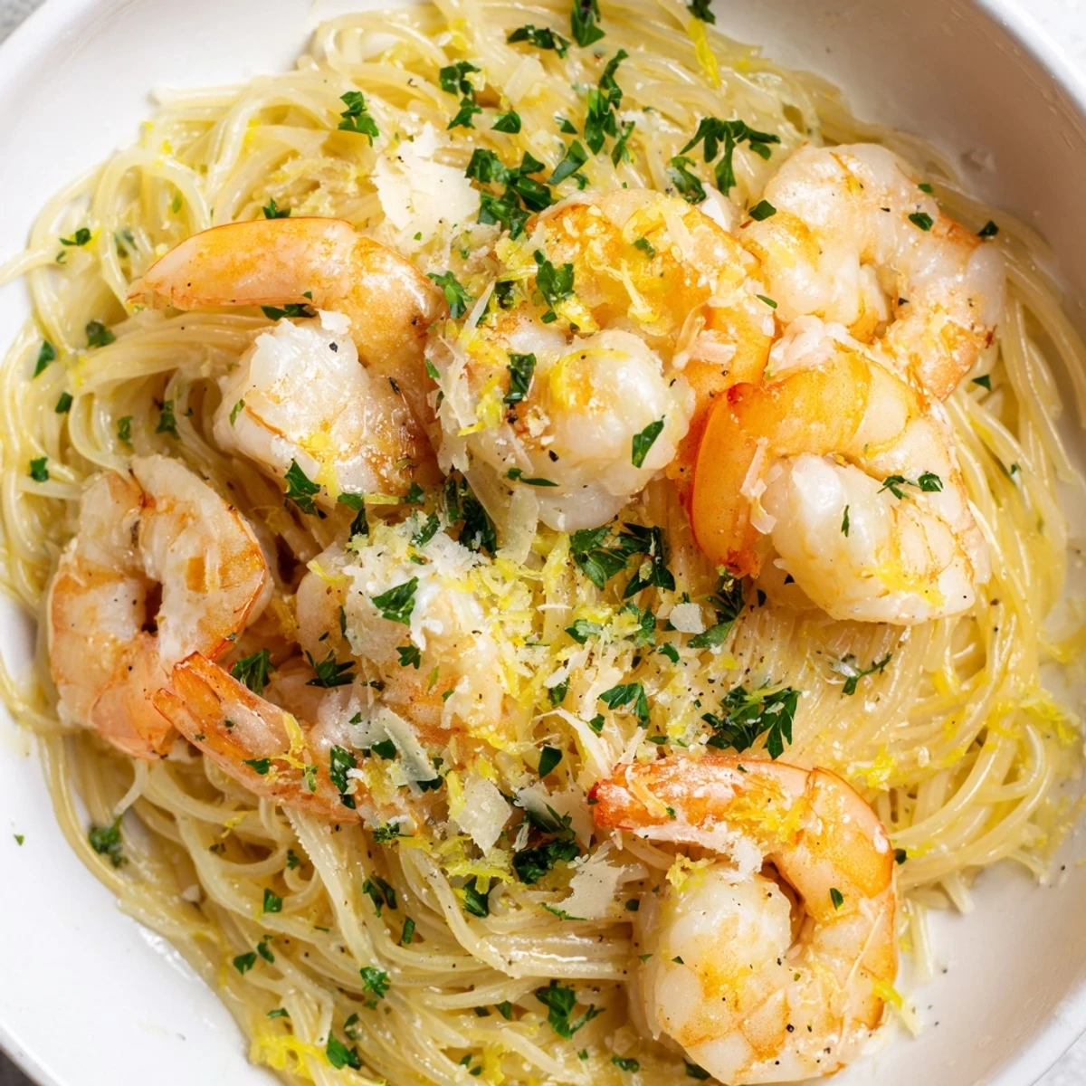 Golden angel hair pasta twirled with lemon-garlic shrimp, a flavorful easy one-skillet dinner.