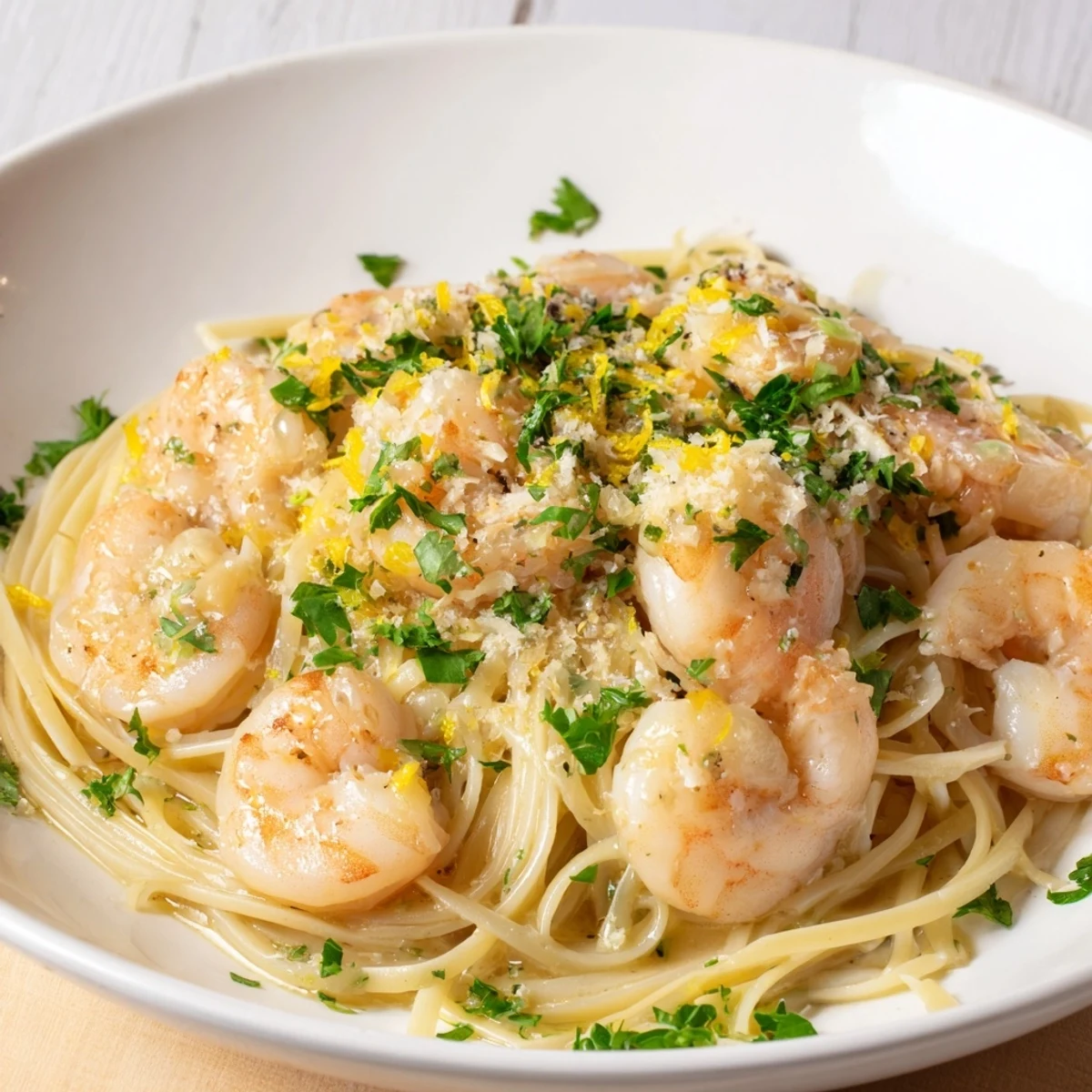 Creamy One-Skillet Lemon Garlic Shrimp Angel Hair Pasta, ready for serving with fresh parsley and parmesan.